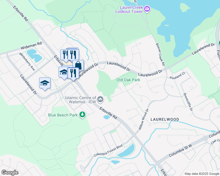 map of restaurants, bars, coffee shops, grocery stores, and more near 505 Laurelwood Drive in Waterloo