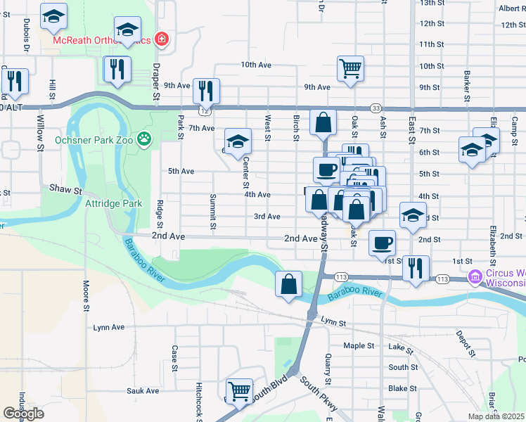 map of restaurants, bars, coffee shops, grocery stores, and more near 400 3rd Ave in Baraboo