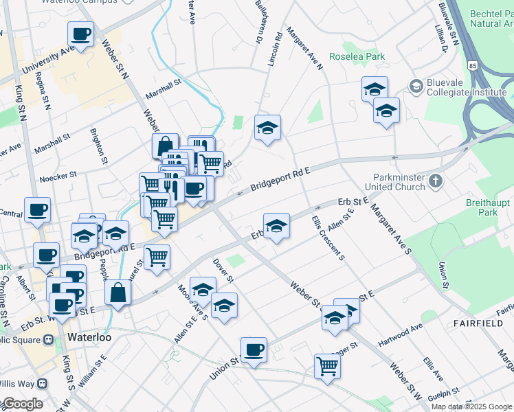 map of restaurants, bars, coffee shops, grocery stores, and more near 196 Royal Street in Waterloo