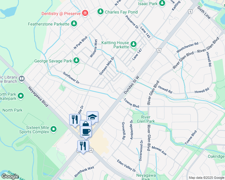 map of restaurants, bars, coffee shops, grocery stores, and more near 3024 George Savage Avenue in Oakville