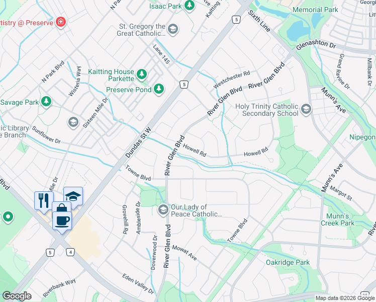map of restaurants, bars, coffee shops, grocery stores, and more near 354 Howell Road in Oakville