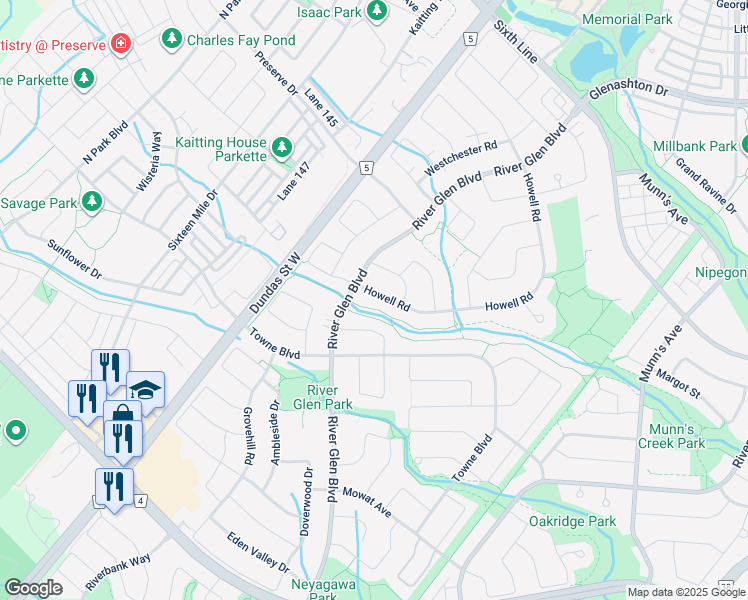 map of restaurants, bars, coffee shops, grocery stores, and more near 354 Howell Road in Oakville