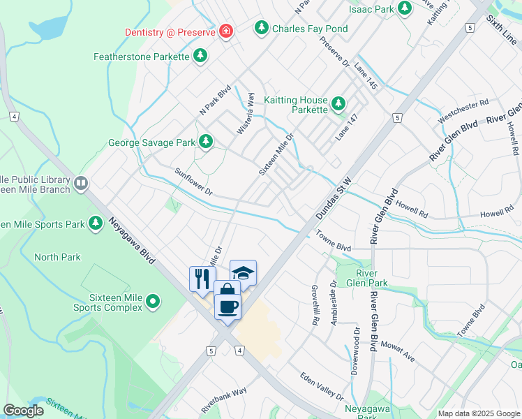map of restaurants, bars, coffee shops, grocery stores, and more near 3064 Hibiscus Gardens in Oakville
