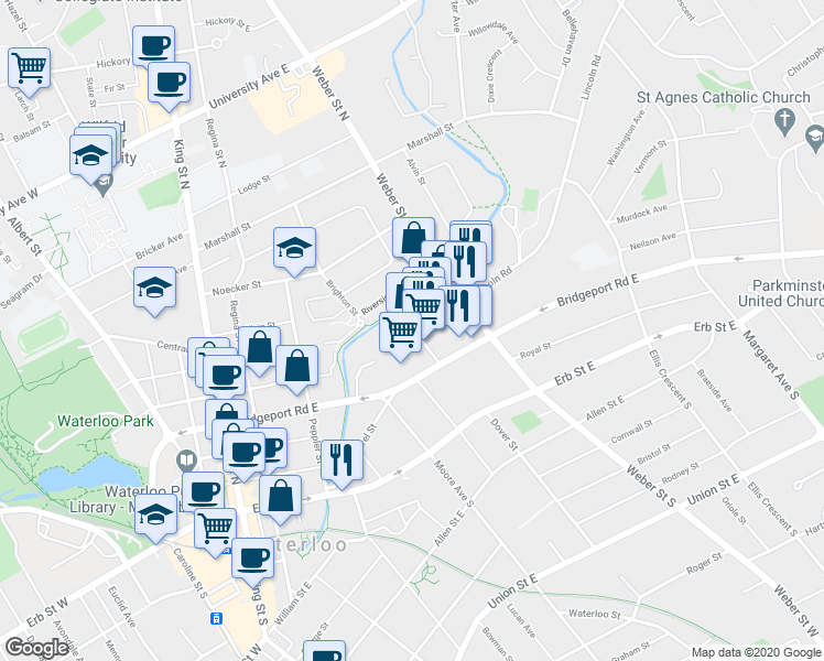 map of restaurants, bars, coffee shops, grocery stores, and more near 117-94 Bridgeport Road East in Waterloo
