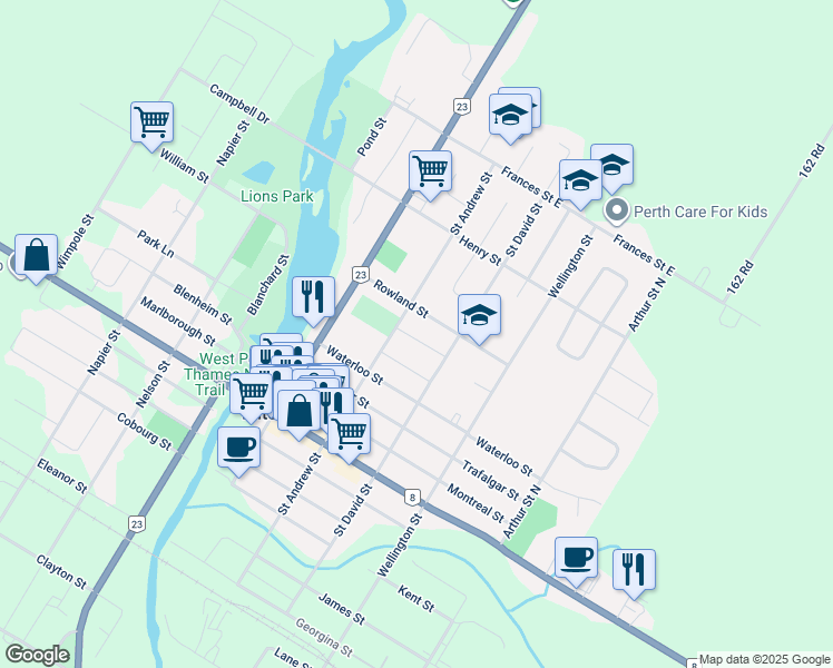 map of restaurants, bars, coffee shops, grocery stores, and more near 115 Legion Street in Mitchell