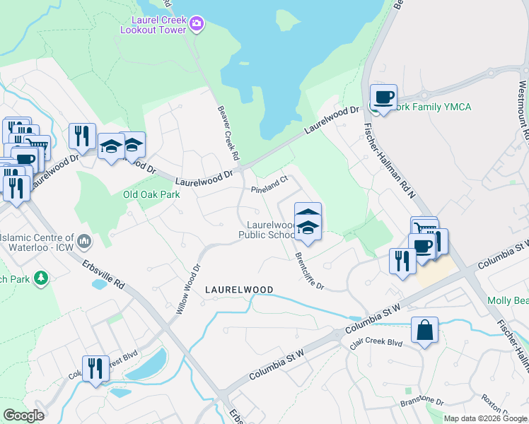 map of restaurants, bars, coffee shops, grocery stores, and more near 180 Dalecroft Place in Waterloo