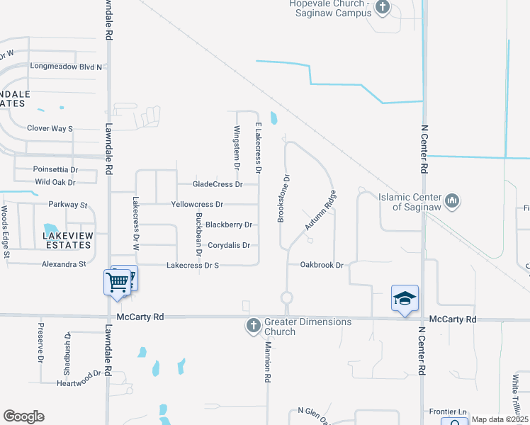 map of restaurants, bars, coffee shops, grocery stores, and more near 4307 Brookstone Drive in Saginaw