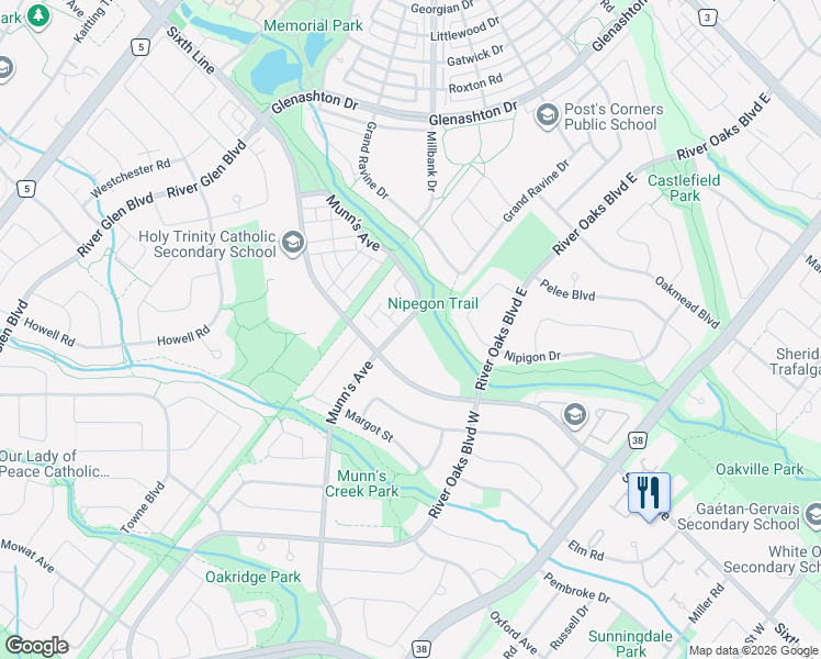 map of restaurants, bars, coffee shops, grocery stores, and more near 2285 Munn's Avenue in Oakville