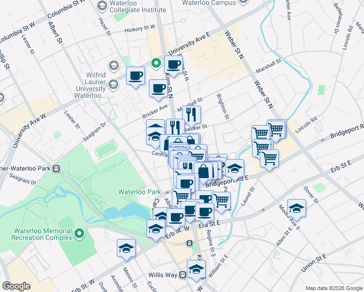 map of restaurants, bars, coffee shops, grocery stores, and more near 128 King Street North in Waterloo