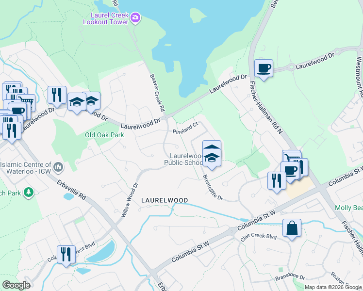 map of restaurants, bars, coffee shops, grocery stores, and more near 179 Dalecroft Place in Waterloo