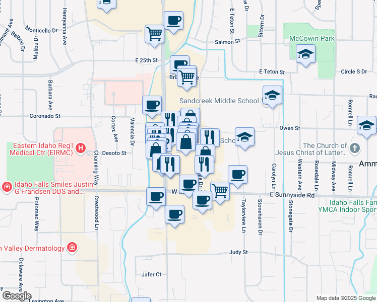 map of restaurants, bars, coffee shops, grocery stores, and more near 3015 South 25th East in Ammon