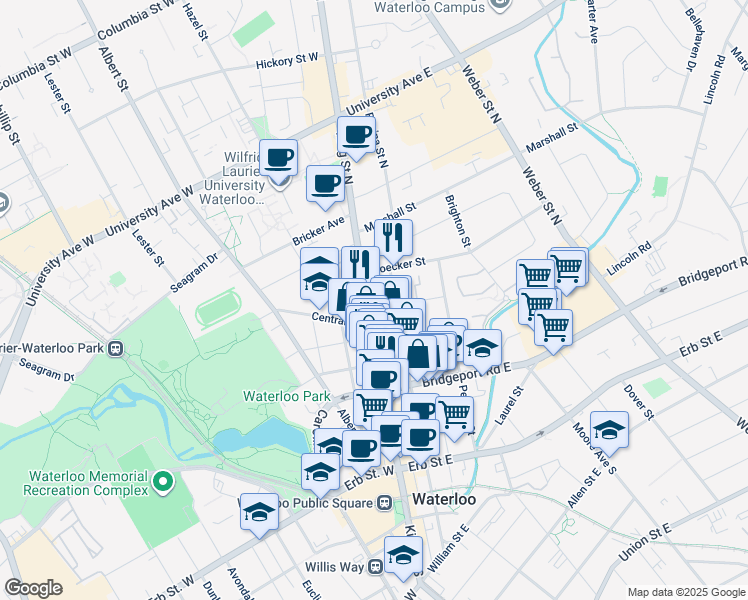 map of restaurants, bars, coffee shops, grocery stores, and more near 128 King Street North in Waterloo