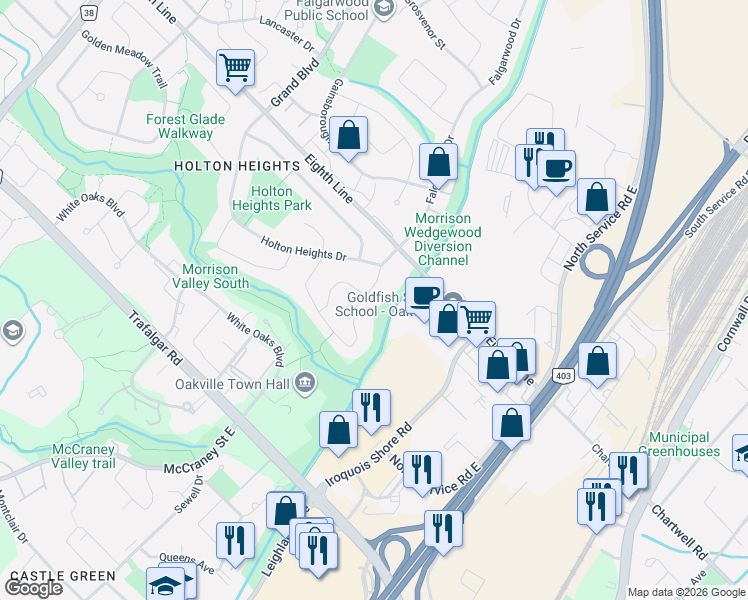 map of restaurants, bars, coffee shops, grocery stores, and more near 502 Falgarwood Drive in Oakville