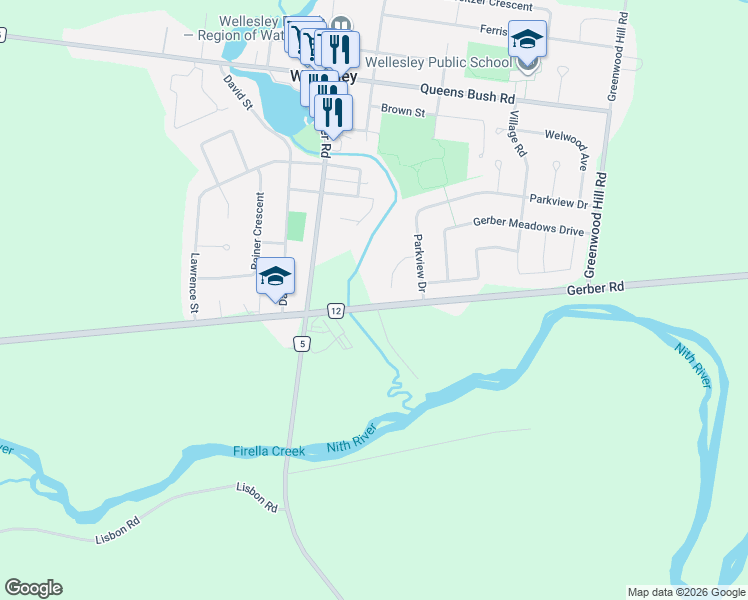 map of restaurants, bars, coffee shops, grocery stores, and more near 2157 Gerber Road in Wellesley