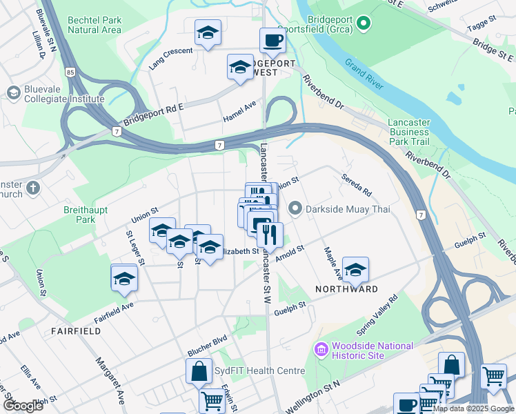 map of restaurants, bars, coffee shops, grocery stores, and more near 54 Bond Street in Kitchener