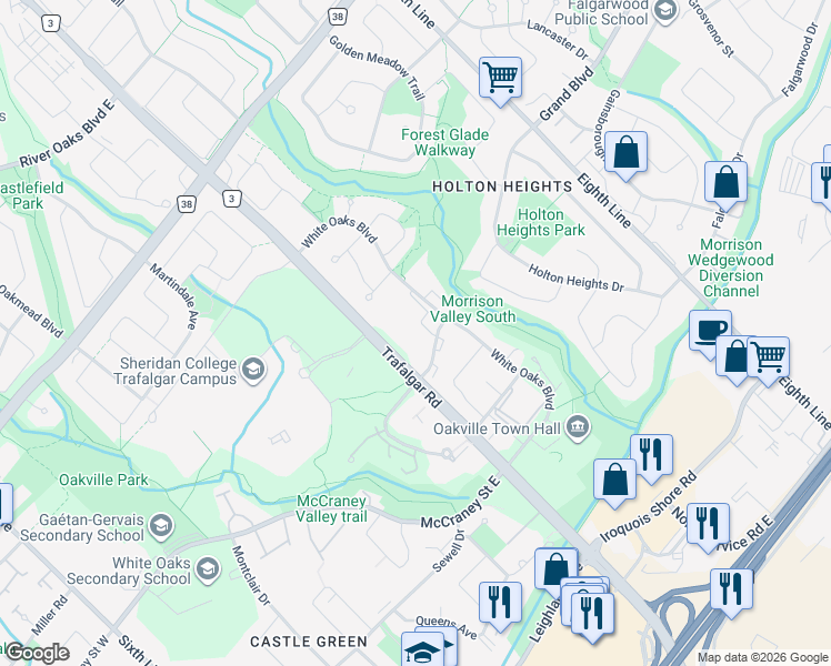 map of restaurants, bars, coffee shops, grocery stores, and more near 1297 Marlborough Court in Oakville