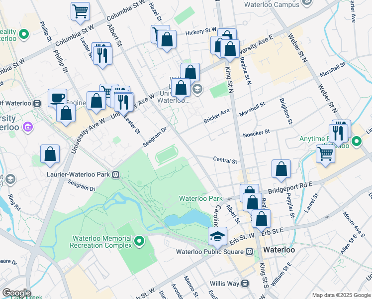 map of restaurants, bars, coffee shops, grocery stores, and more near 50 Central Street in Waterloo