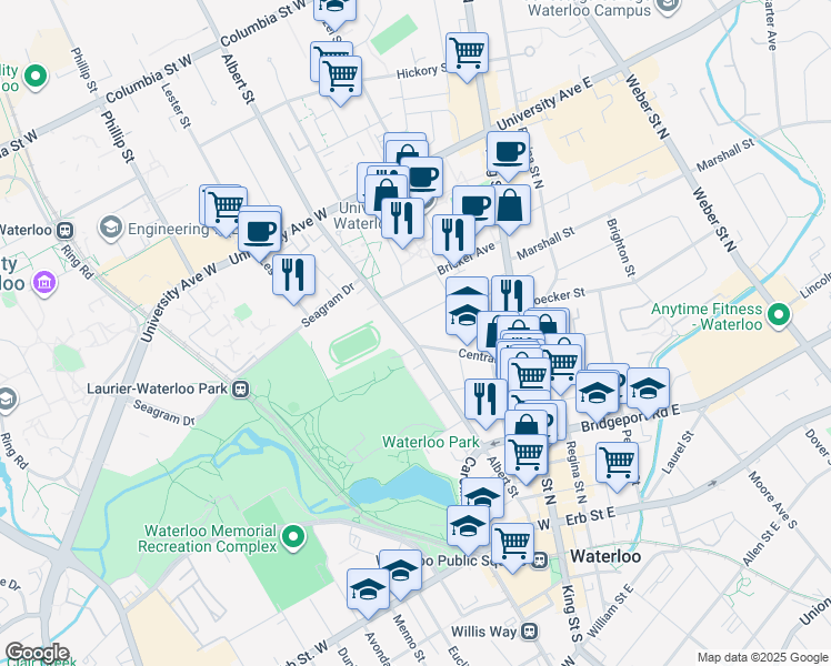 map of restaurants, bars, coffee shops, grocery stores, and more near 126 Albert Street in Waterloo