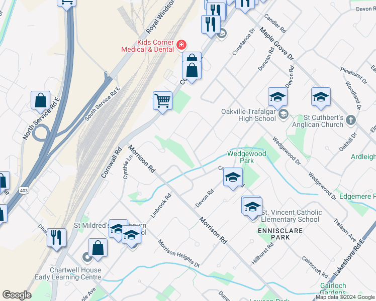 map of restaurants, bars, coffee shops, grocery stores, and more near 444 Drummond Road in Oakville