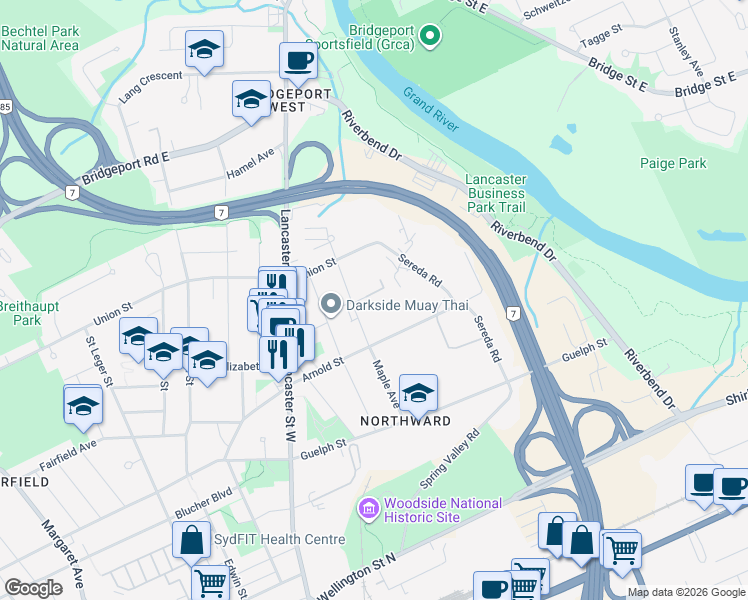 map of restaurants, bars, coffee shops, grocery stores, and more near 352 Maple Avenue in Kitchener