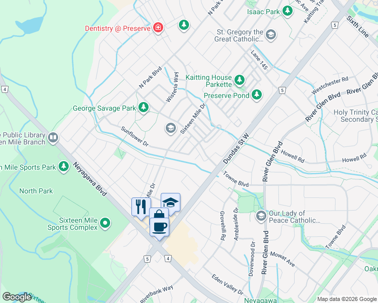 map of restaurants, bars, coffee shops, grocery stores, and more near 3045 Hibiscus Gardens in Oakville