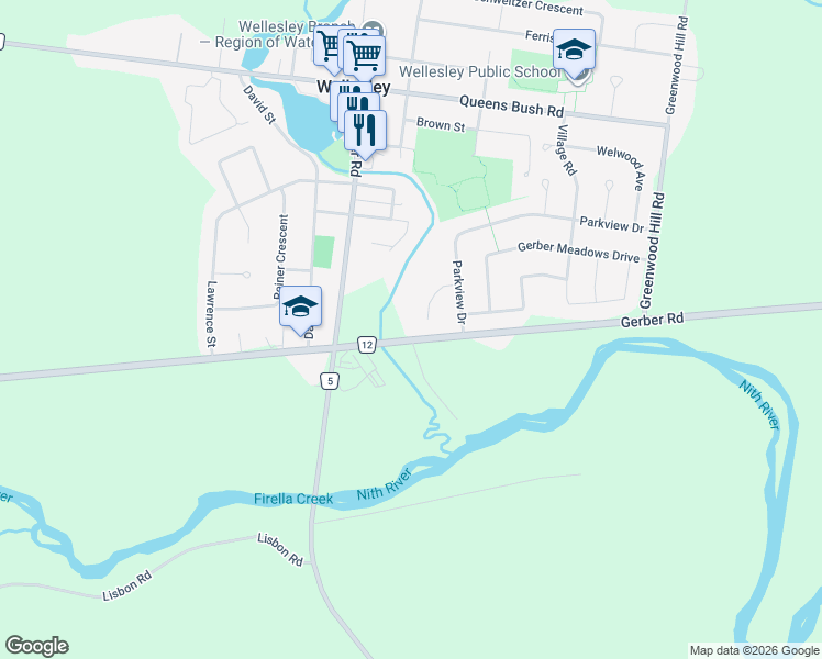 map of restaurants, bars, coffee shops, grocery stores, and more near 2157 Gerber Road in Wellesley