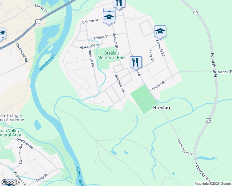 map of restaurants, bars, coffee shops, grocery stores, and more near Shallow Creek Road in Breslau
