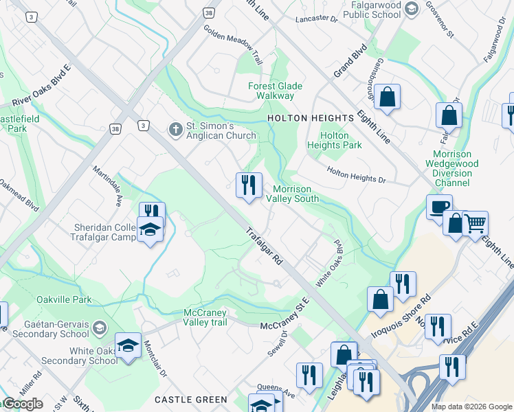 map of restaurants, bars, coffee shops, grocery stores, and more near 1297 Marlborough Court in Oakville