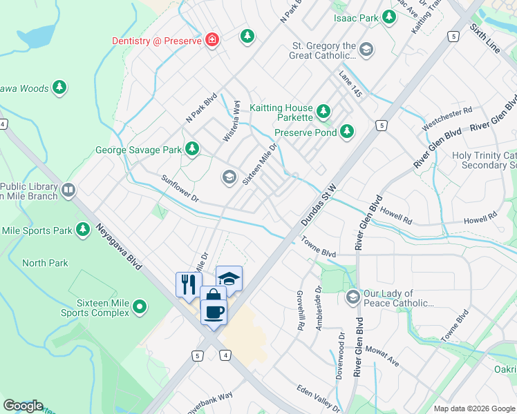 map of restaurants, bars, coffee shops, grocery stores, and more near 3037 Hibiscus Gardens in Oakville