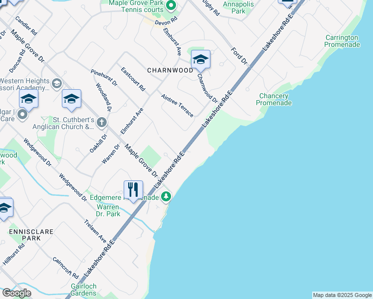 map of restaurants, bars, coffee shops, grocery stores, and more near 2072 Lakeshore Road East in Oakville