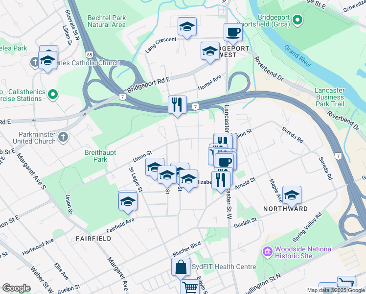 map of restaurants, bars, coffee shops, grocery stores, and more near 336 Edwin Street in Kitchener