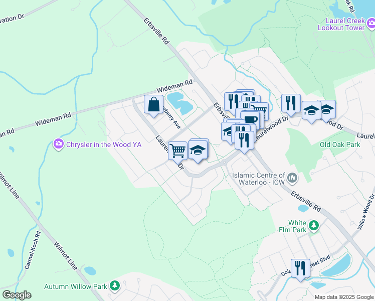 map of restaurants, bars, coffee shops, grocery stores, and more near 776 Laurelwood Drive in Waterloo