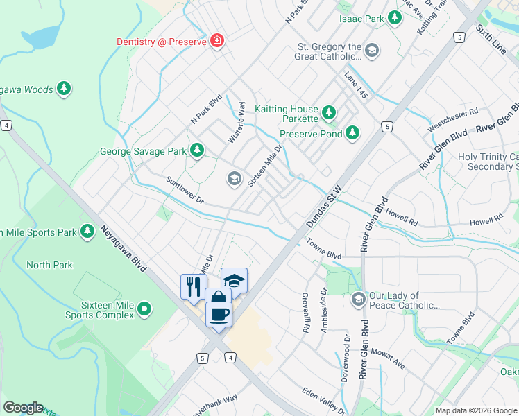 map of restaurants, bars, coffee shops, grocery stores, and more near 3041 Hibiscus Gardens in Oakville