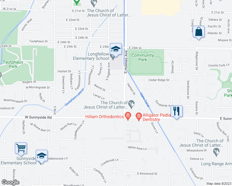 map of restaurants, bars, coffee shops, grocery stores, and more near 464 Lariat Circle in Idaho Falls