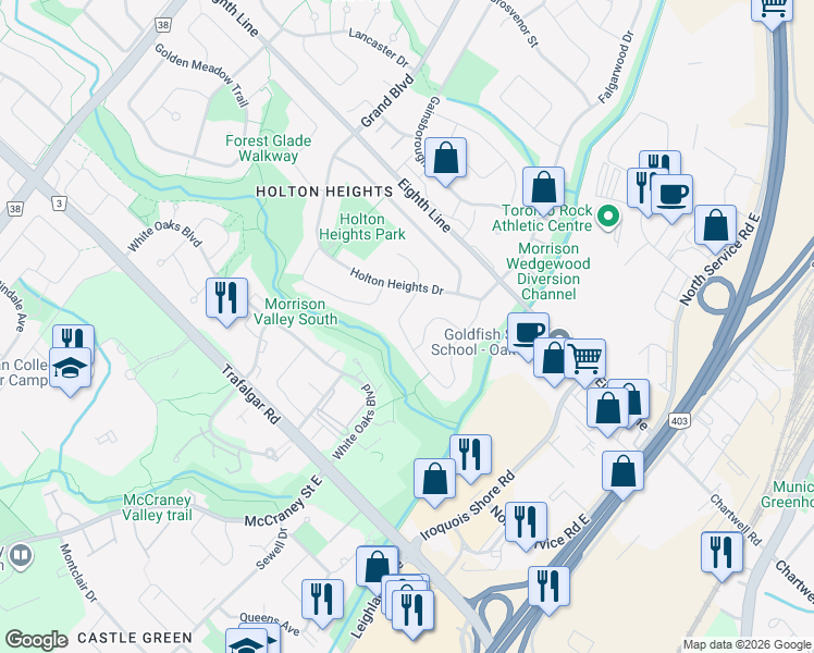 map of restaurants, bars, coffee shops, grocery stores, and more near 1220 Lambeth Road in Oakville
