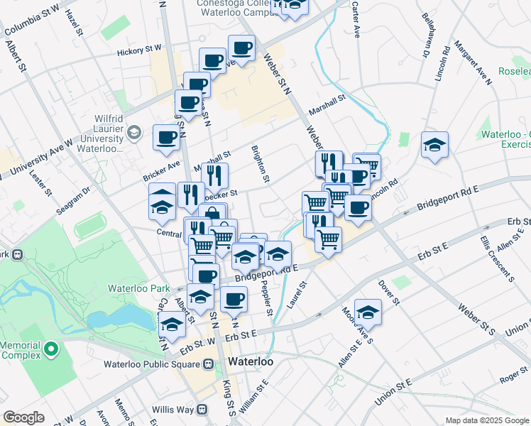 map of restaurants, bars, coffee shops, grocery stores, and more near 139 Brighton Street in Waterloo