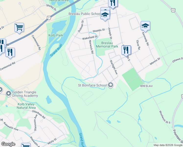 map of restaurants, bars, coffee shops, grocery stores, and more near 244 Norwich Road in Breslau