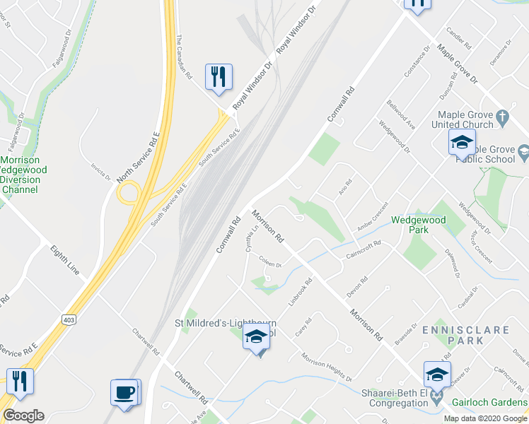 map of restaurants, bars, coffee shops, grocery stores, and more near 1225 Baldwin Drive in Oakville