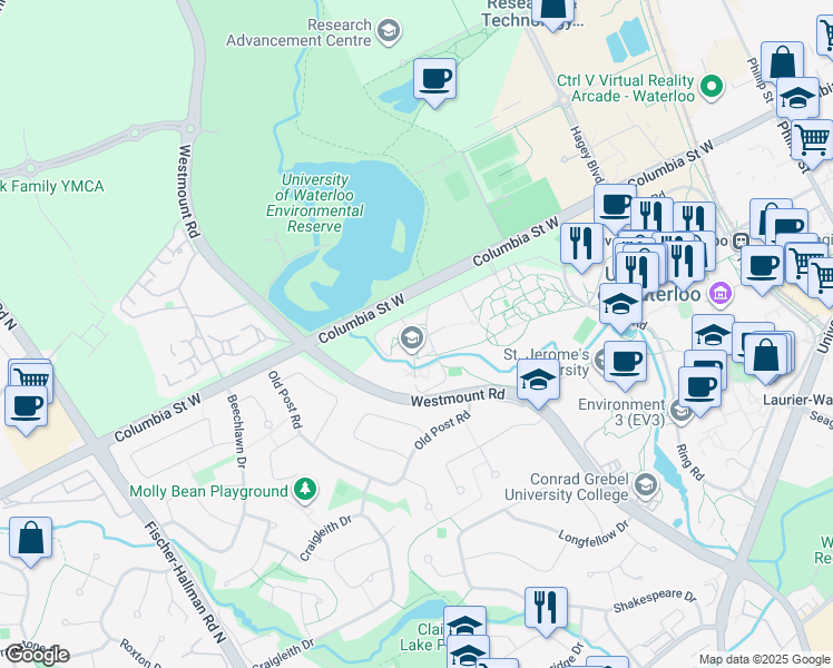 map of restaurants, bars, coffee shops, grocery stores, and more near  in Waterloo