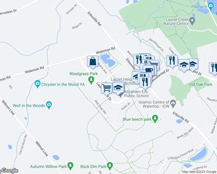 map of restaurants, bars, coffee shops, grocery stores, and more near 983 Creekside Drive in Waterloo