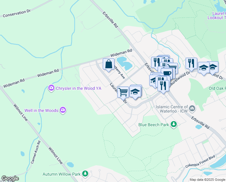 map of restaurants, bars, coffee shops, grocery stores, and more near 539 Woolgrass Avenue in Waterloo