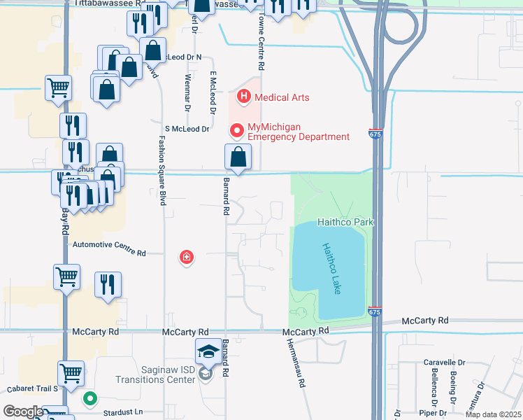 map of restaurants, bars, coffee shops, grocery stores, and more near 4370 Lakeside Circle in Saginaw