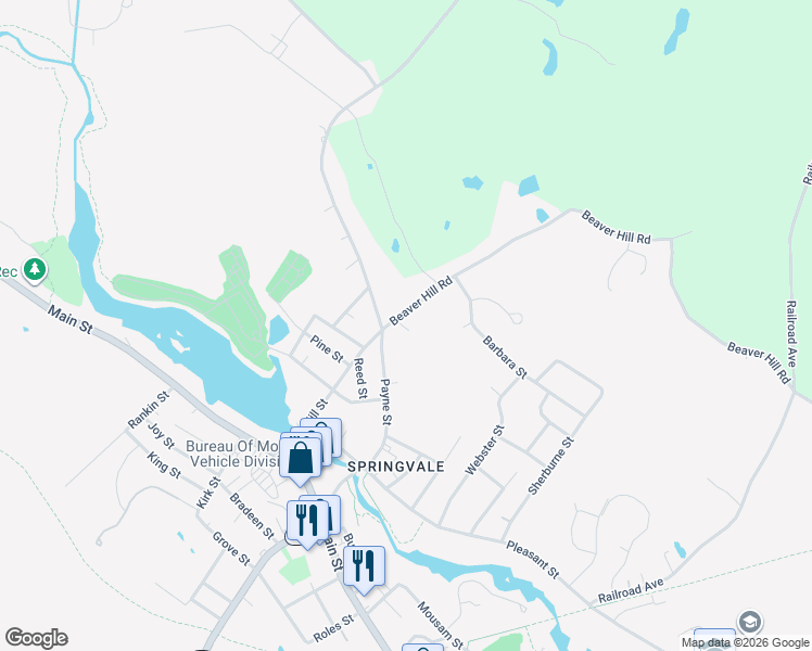 map of restaurants, bars, coffee shops, grocery stores, and more near 9 Beaver Hill Road in Sanford