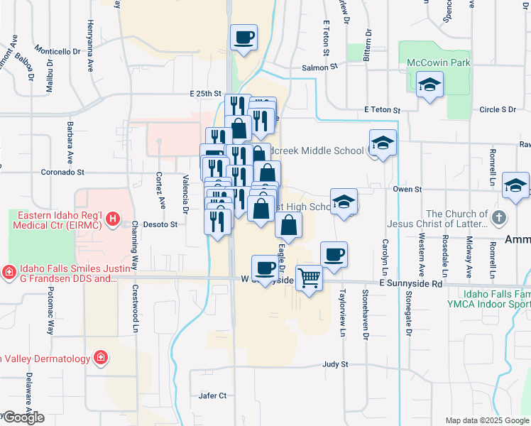 map of restaurants, bars, coffee shops, grocery stores, and more near 2909 South 25th East in Ammon