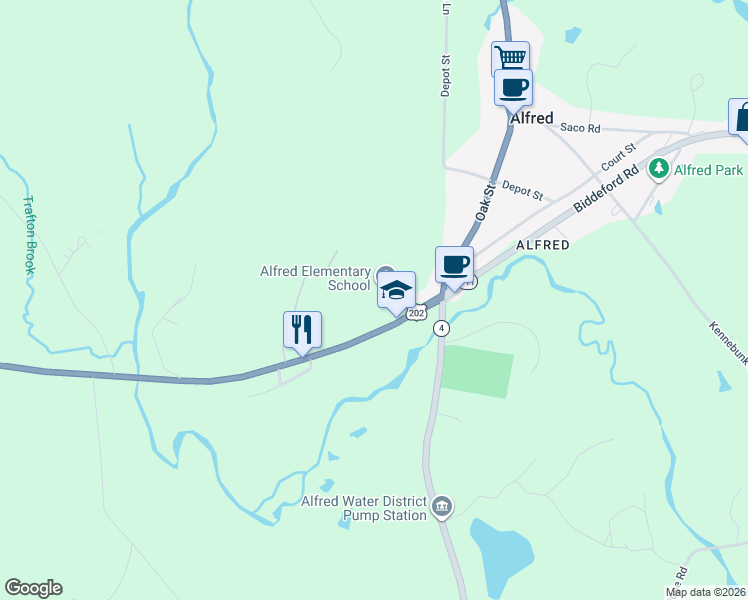 map of restaurants, bars, coffee shops, grocery stores, and more near 21 Sanford Road in Alfred
