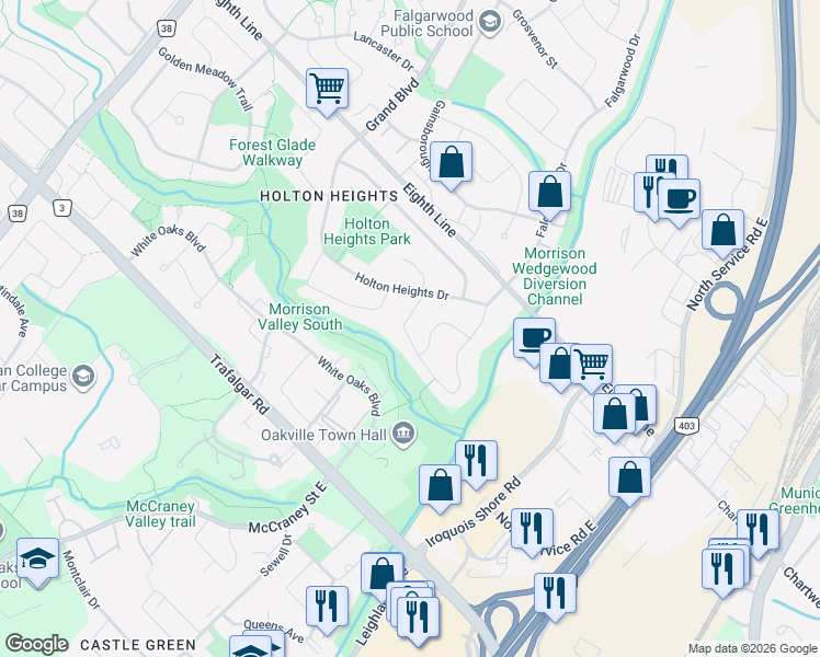 map of restaurants, bars, coffee shops, grocery stores, and more near 1220 Lambeth Road in Oakville