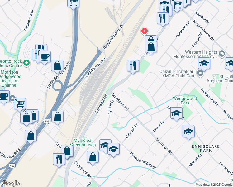 map of restaurants, bars, coffee shops, grocery stores, and more near 1225 Baldwin Drive in Oakville