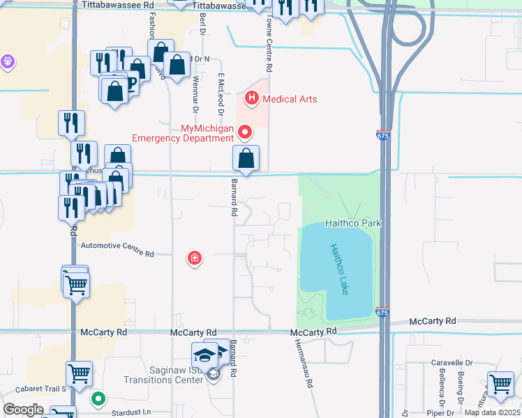 map of restaurants, bars, coffee shops, grocery stores, and more near 4370 Lakeside Circle in Saginaw