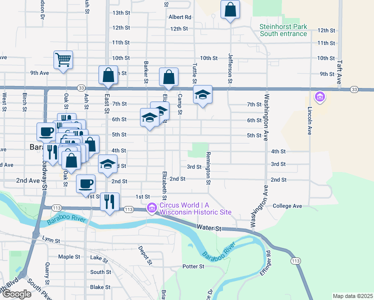 map of restaurants, bars, coffee shops, grocery stores, and more near 720 5th Street in Baraboo