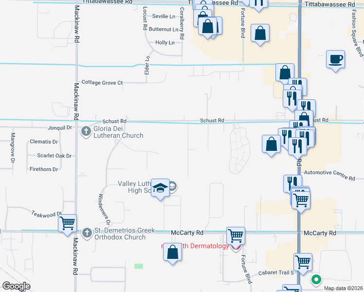 map of restaurants, bars, coffee shops, grocery stores, and more near 3500 Schust Road in Saginaw